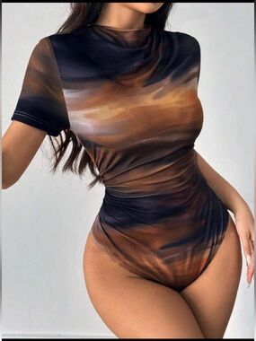 SHEIN Brown and Black Short Sleeve Printed Bodysuit